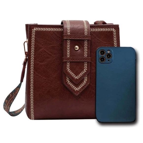 Brown Vegan Leather Western Strap  Shoulder Crossbody - Picture 3 of 6